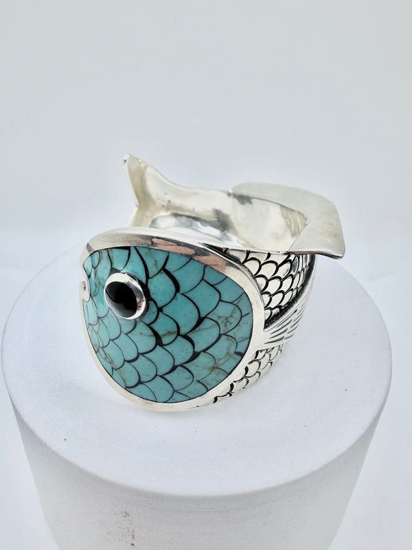 TAXCO STERLING SILVER KINGMAN TURQUOISE INLAY UNDER THE SEA CUFF (6-7" WRIST SIZE) (JD 18)
