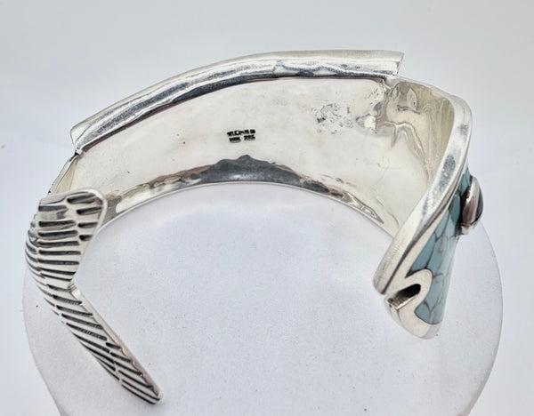 TAXCO STERLING SILVER KINGMAN TURQUOISE INLAY UNDER THE SEA CUFF (6-7" WRIST SIZE) (JD 18)