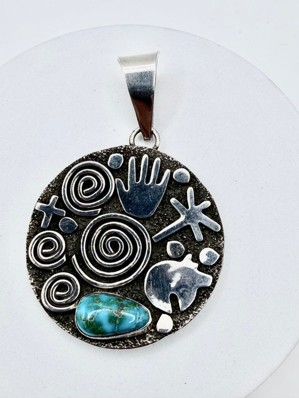 ALEX SANCHEZ SONORAN GOLD TURQUOISE OVAL NATIVE HANDMADE PENDANT 2.5" (JD 20)
