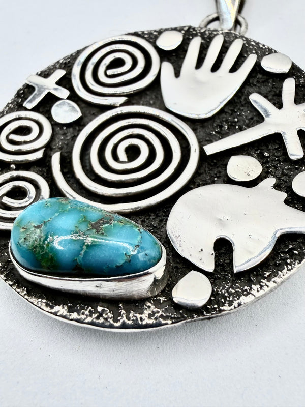 ALEX SANCHEZ SONORAN GOLD TURQUOISE OVAL NATIVE HANDMADE PENDANT 2.5" (JD 20)