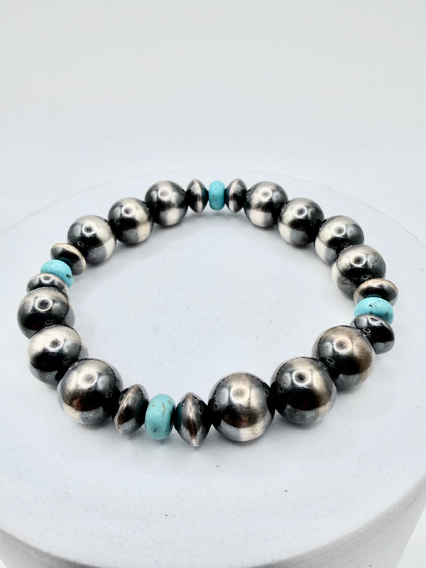 NATIVE HANDMADE NAVAJO PEARLS & KINGMAN TURQUOISE STRETCH BRACELET (JD 21)