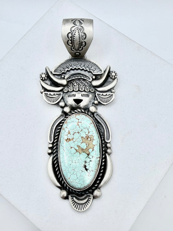 RONALD TOM NATIVE HANDMADE DRY CREEK TURQUOISE CORN MAIDEN STATEMENT PENDANT 3.5" (JD 22)