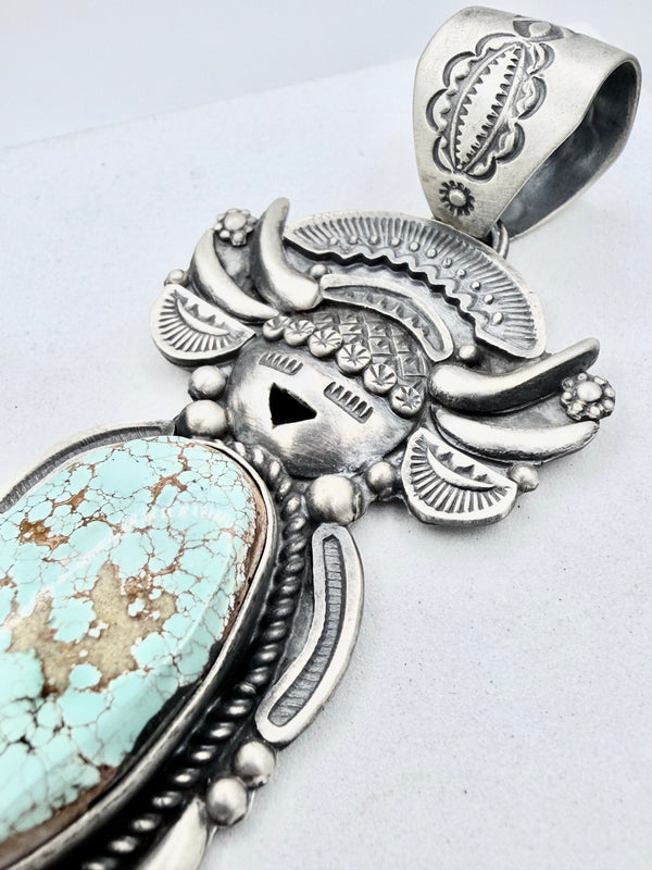 RONALD TOM NATIVE HANDMADE DRY CREEK TURQUOISE CORN MAIDEN STATEMENT PENDANT 3.5" (JD 22)