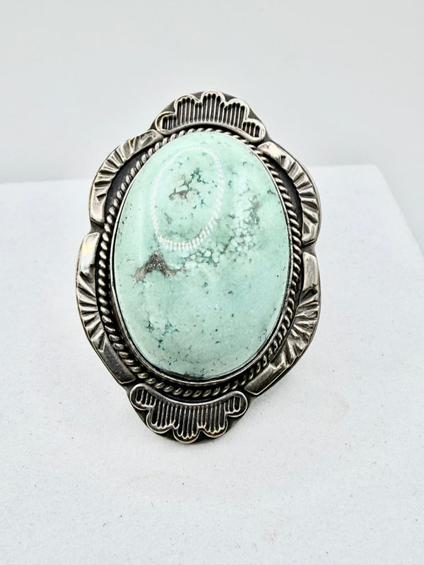 GILBERT PLATERO NATIVE HANDMADE WHITEWATER TURQUOISE OVAL RING SIZE 9.5" (JD 28)