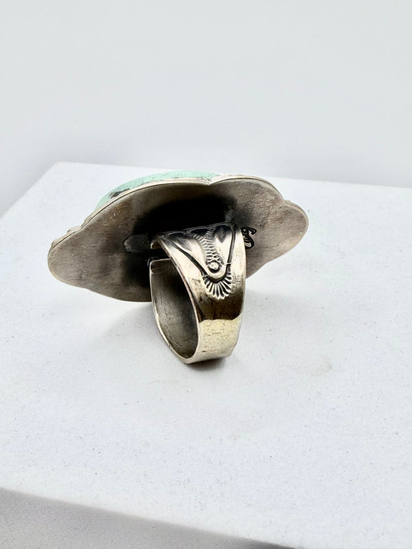 GILBERT PLATERO NATIVE HANDMADE WHITEWATER TURQUOISE OVAL RING SIZE 9.5" (JD 28)