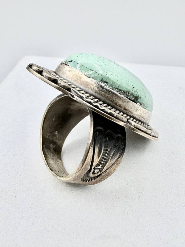 GILBERT PLATERO NATIVE HANDMADE WHITEWATER TURQUOISE OVAL RING SIZE 9.5" (JD 28)