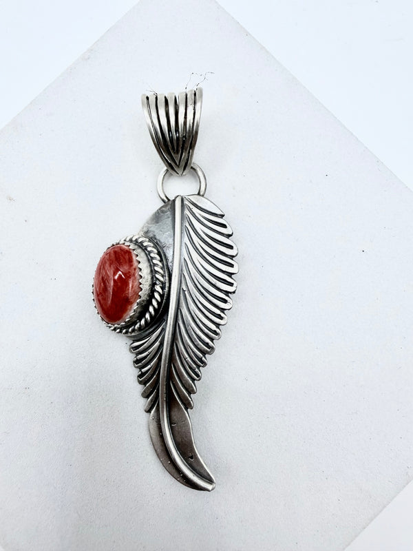ORANGE SPINY OYSTER SS FEATHER PENDANT 2.5" (ELW 53)