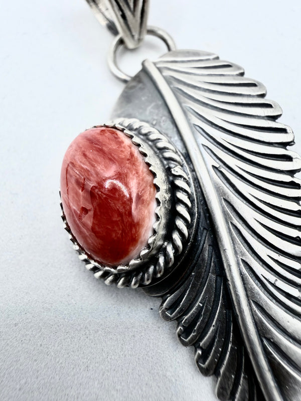 ORANGE SPINY OYSTER SS FEATHER PENDANT 2.5" (ELW 53)