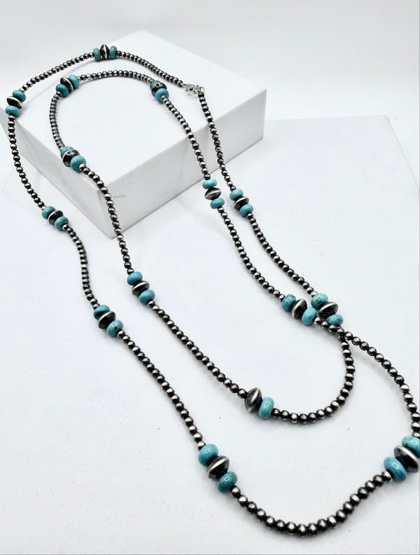 VANGIE TOUCHINE NATIVE HANDMADE KINGMAN TURQUOISE NAVAJO & SAUCER PEARLS 40" NECKLACE (ELW 57)