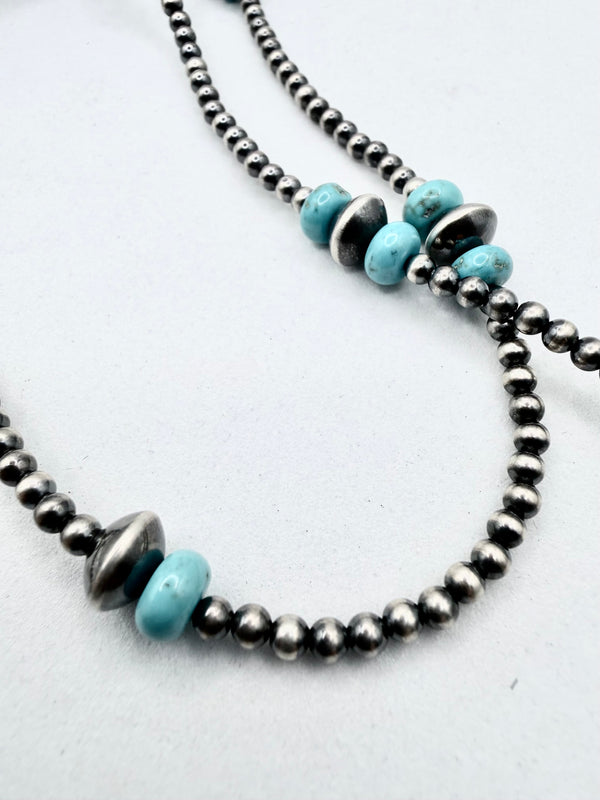 VANGIE TOUCHINE NATIVE HANDMADE KINGMAN TURQUOISE NAVAJO & SAUCER PEARLS 40" NECKLACE (ELW 57)