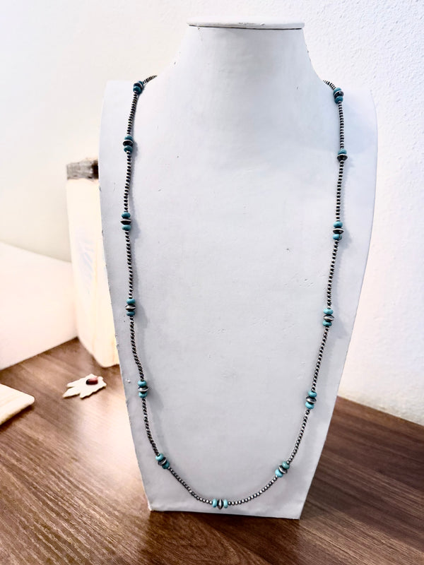 VANGIE TOUCHINE NATIVE HANDMADE KINGMAN TURQUOISE NAVAJO & SAUCER PEARLS 40" NECKLACE (ELW 57)