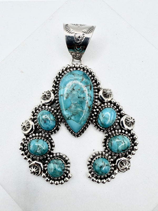 KINGMAN TURQUOISE STERLING SILVER NAJA PENDANT 3" (ELW 59)