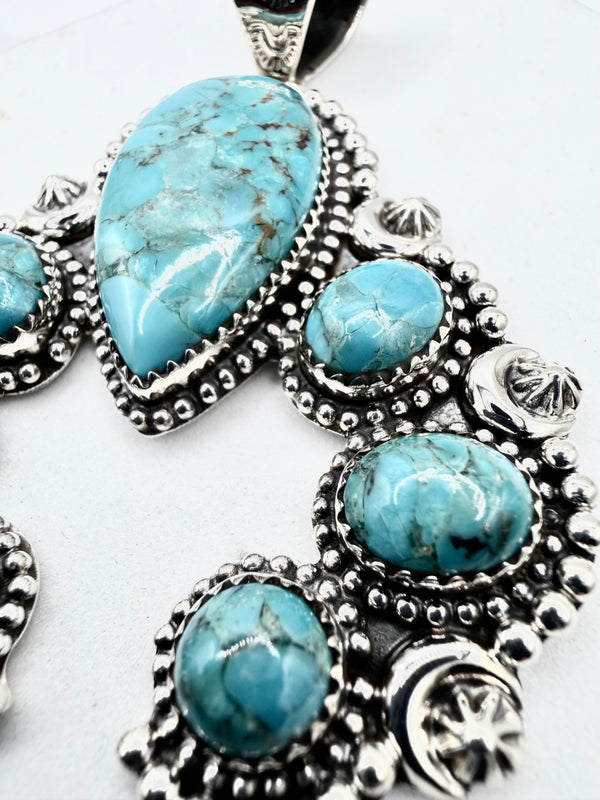 KINGMAN TURQUOISE STERLING SILVER NAJA PENDANT 3" (ELW 59)