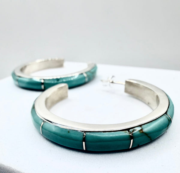 TAXCO SILVER STAMPED KINGMAN TURQUOISE HOOP EARRINGS (ELW 67)