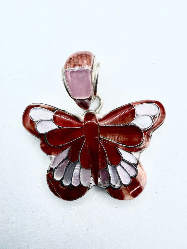 STERLING SILVER INLAY MOTHER OF PEARL AND RED SPINY BUTTERFLY PENDANT (ELW 68)
