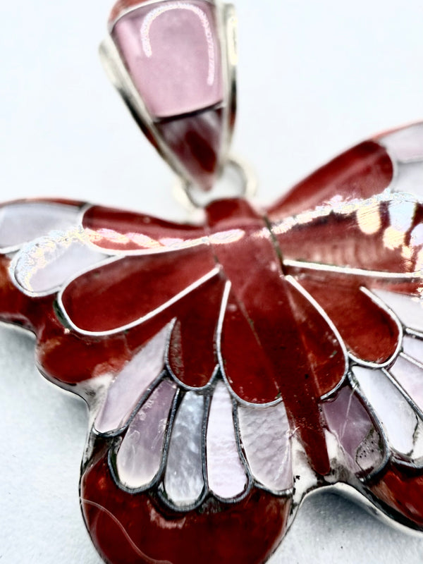 STERLING SILVER INLAY MOTHER OF PEARL AND RED SPINY BUTTERFLY PENDANT (ELW 68)