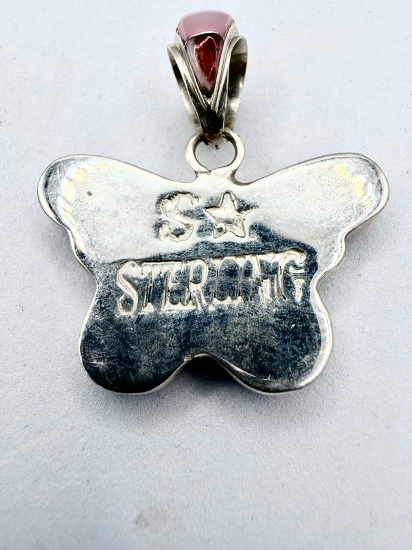 STERLING SILVER INLAY MOTHER OF PEARL AND RED SPINY BUTTERFLY PENDANT (ELW 68)