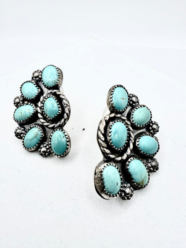 JASON OGG NATIVE HANDMADE CAMPITOS TURQUOISE HALF CLUSTER POST BACK EARRINGS (ELW 78)