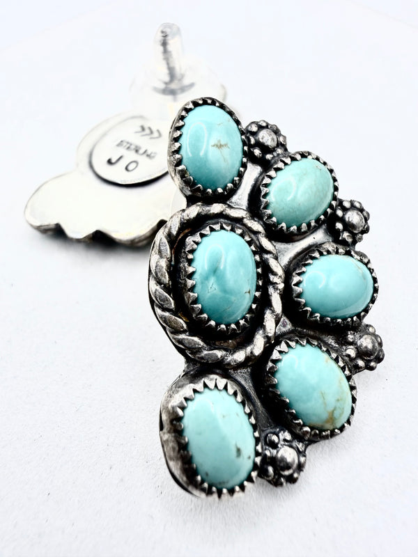 JASON OGG NATIVE HANDMADE CAMPITOS TURQUOISE HALF CLUSTER POST BACK EARRINGS (ELW 78)