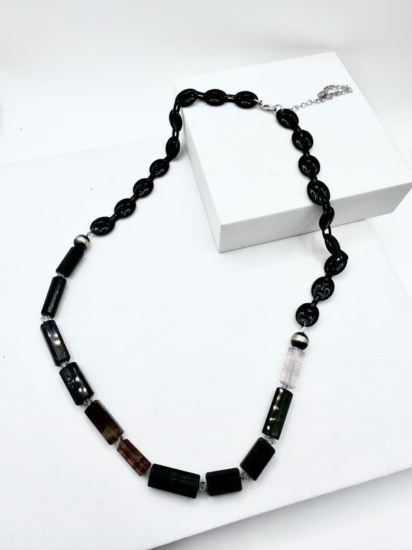 BLACK ONYX & QUARTZ DESERT PEARLS ADJUSTBLE NECKLACE 21-25" (ELW 89)