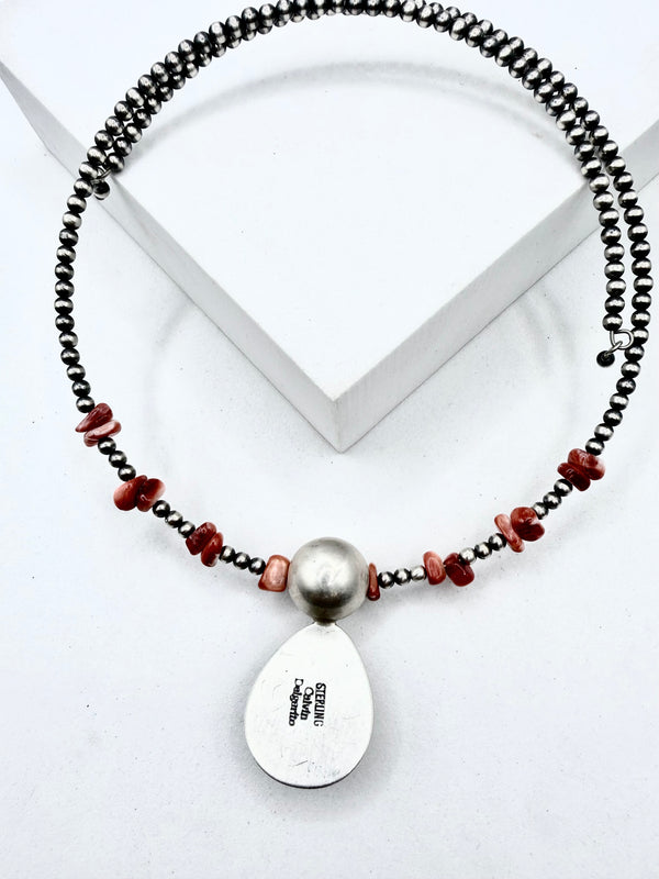 CALVIN DELGARITO NATIVE HANDMADE ORANGE SPINY OYSTER & NAVAJO PEARLS MEMORY CHOKER (ELW 96)