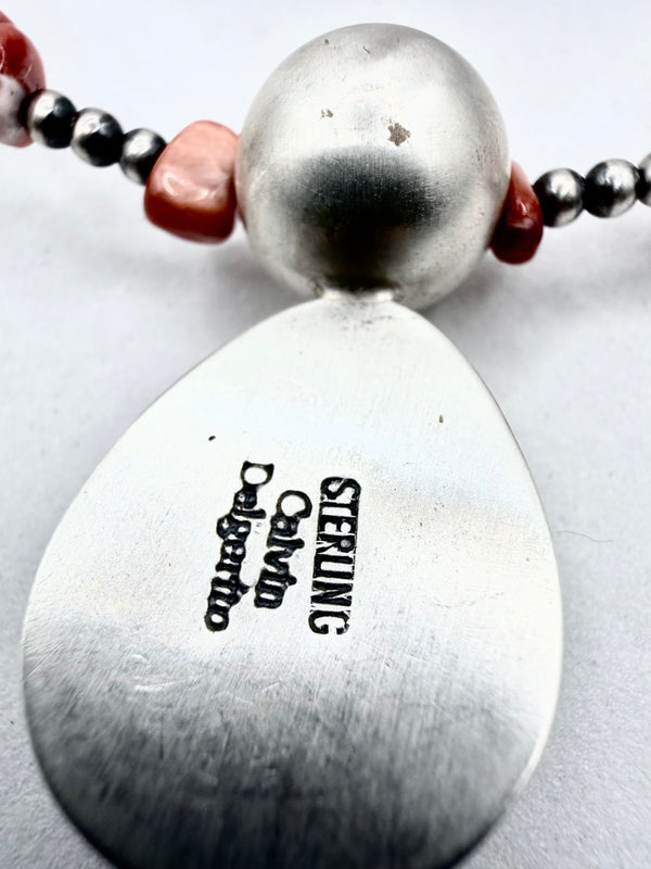 CALVIN DELGARITO NATIVE HANDMADE ORANGE SPINY OYSTER & NAVAJO PEARLS MEMORY CHOKER (ELW 96)