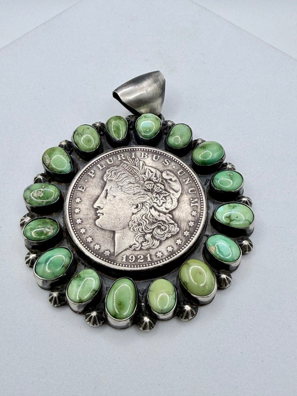 NATIVE HANDMADE P. SKEETS SONORAN GOLD TURQUOISE 1921 SILVER COIN PENDANT 3"(MM 30)