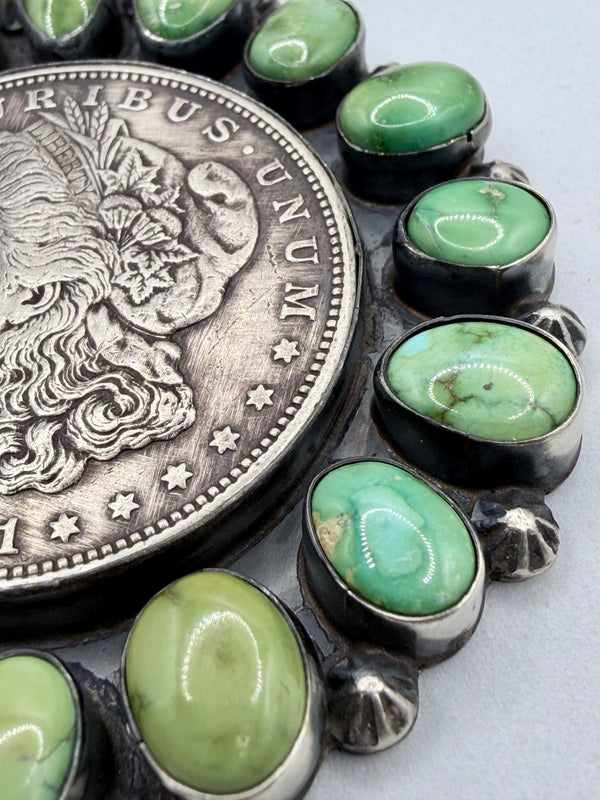 NATIVE HANDMADE P. SKEETS SONORAN GOLD TURQUOISE 1921 SILVER COIN PENDANT 3"(MM 30)