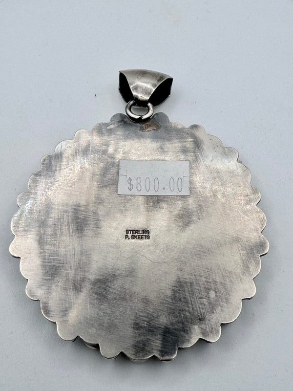 NATIVE HANDMADE P. SKEETS SONORAN GOLD TURQUOISE 1921 SILVER COIN PENDANT 3"(MM 30)