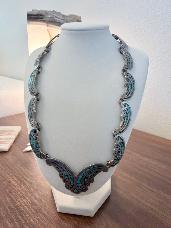 VINTAGE STERLING TAXCO SILVER STAMPED BUTTERFLY KINGMAN INLAY & BLACK ONYX NECKLACE 18" (MM 20)