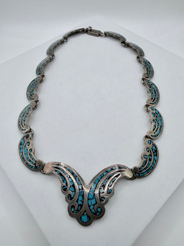 VINTAGE STERLING TAXCO SILVER STAMPED BUTTERFLY KINGMAN INLAY & BLACK ONYX NECKLACE 18" (MM 20)
