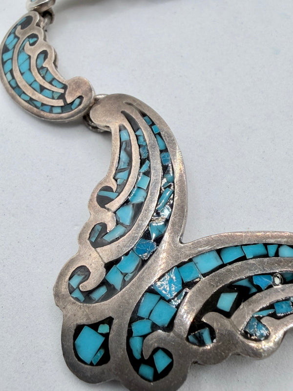 VINTAGE STERLING TAXCO SILVER STAMPED BUTTERFLY KINGMAN INLAY & BLACK ONYX NECKLACE 18" (MM 20)