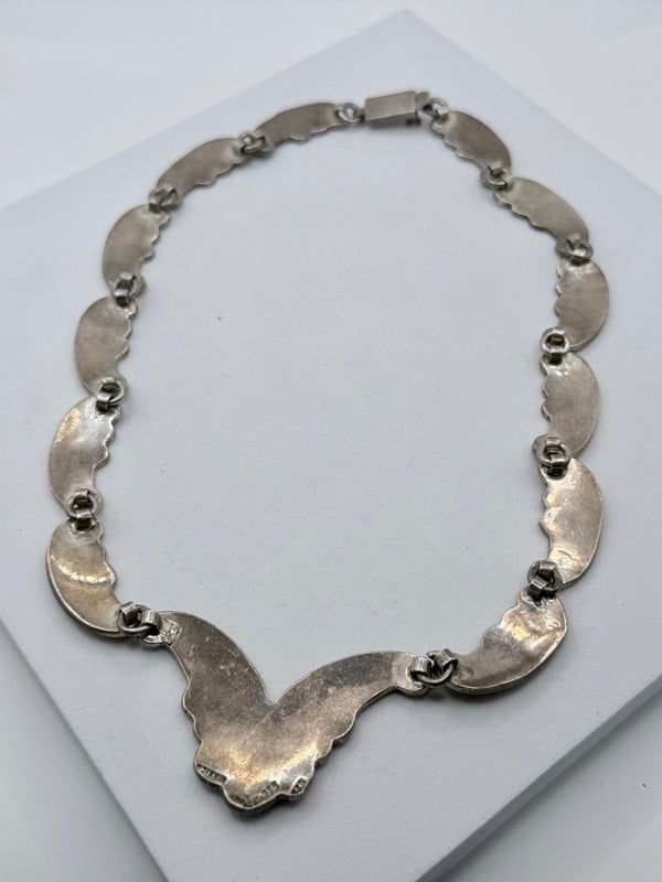 VINTAGE STERLING TAXCO SILVER STAMPED BUTTERFLY KINGMAN INLAY & BLACK ONYX NECKLACE 18" (MM 20)