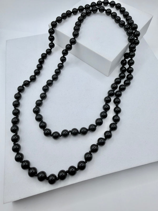 BLACK ONYX PEARLS BEADED STATEMENT LONG NECKLACE 40" (MW 488)