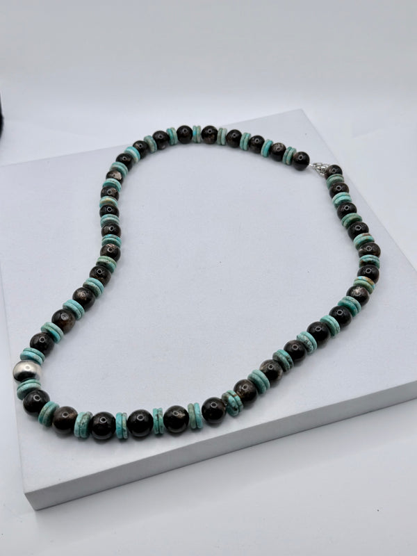 MINE 8 TURQUOISE DISC BEADS WITH BIOTITE MICA PEARLS & SINGLE DESERT PEARL NECKLACE 22" (MW 491)