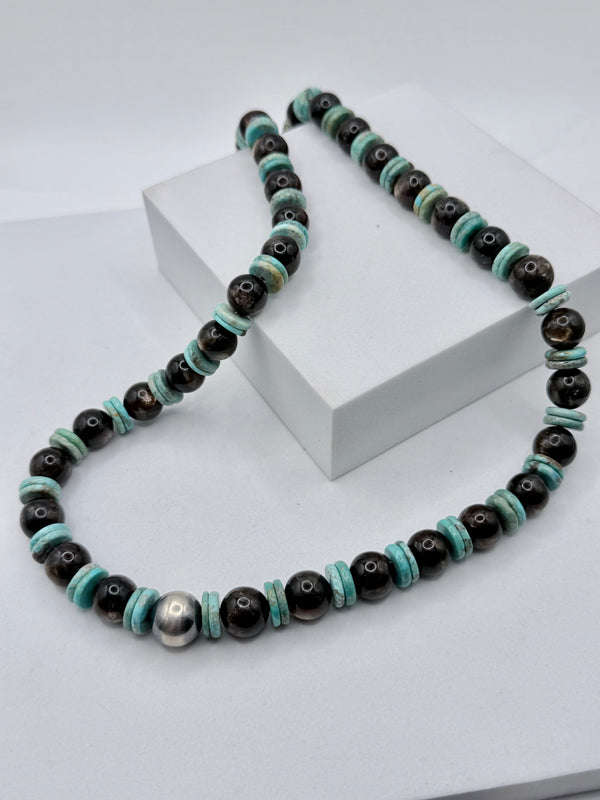 MINE 8 TURQUOISE DISC BEADS WITH BIOTITE MICA PEARLS & SINGLE DESERT PEARL NECKLACE 22" (MW 491)
