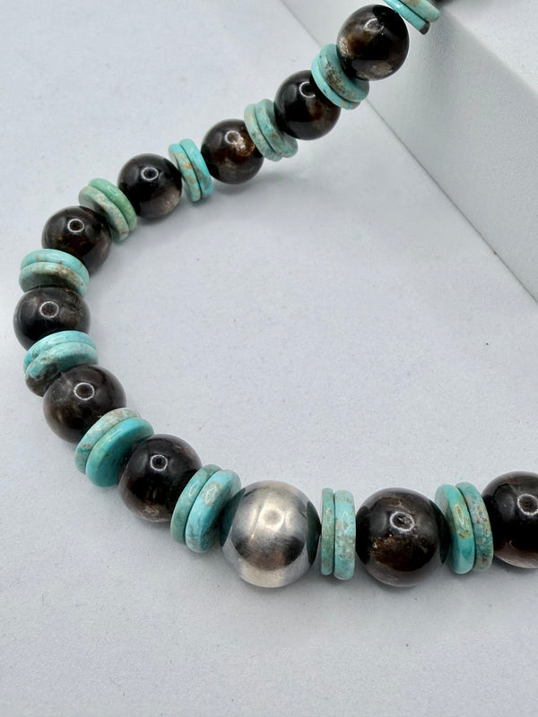 MINE 8 TURQUOISE DISC BEADS WITH BIOTITE MICA PEARLS & SINGLE DESERT PEARL NECKLACE 22" (MW 491)