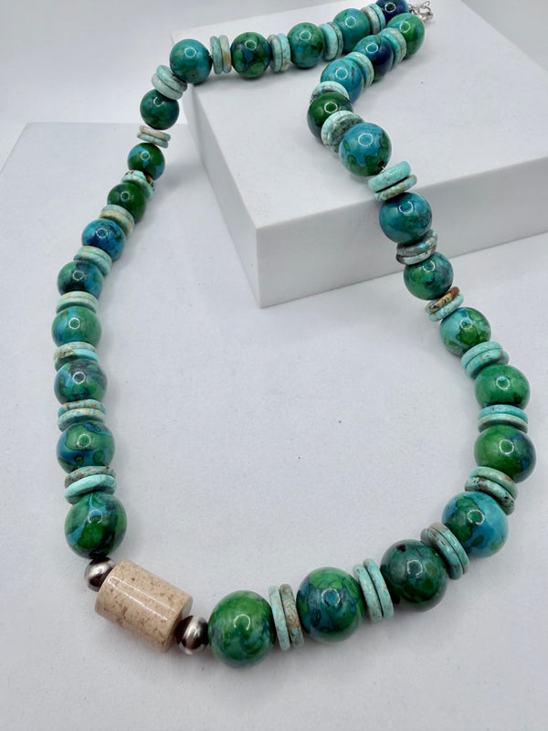 AZURITE PEARLS & MINE 8 TURQUOISE BEADED NECKLACE 20" (MW 492)