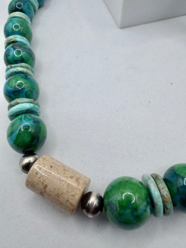 AZURITE PEARLS & MINE 8 TURQUOISE BEADED NECKLACE 20" (MW 492)