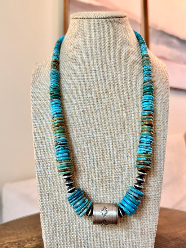NATIVE HANDMADE MULTITURQUOISE ADJUSTABLE SHOTGUNSHELL NECKLACE UP TO 34" (MM 45)