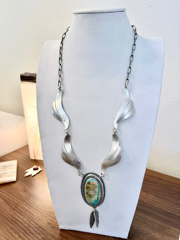 LYLE PIASSO NATIVE HANDMADE BOULDER RIBBON TURQUOISE 30" PAPERCLIP STATEMENT NECKLACE(MM 32)