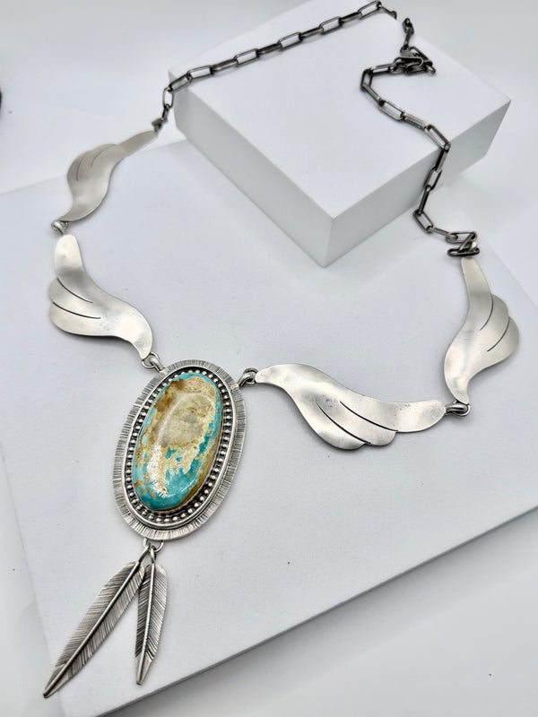 LYLE PIASSO NATIVE HANDMADE BOULDER RIBBON TURQUOISE 30" PAPERCLIP STATEMENT NECKLACE(MM 32)