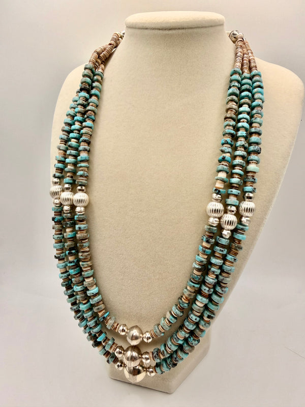 MARY MORGAN NATIVE HANDMADE MULTISTRAND RED MOUNTAIN TURQUOISE & STERLING PEARLS NECKLACE 18-21" (MM 47)