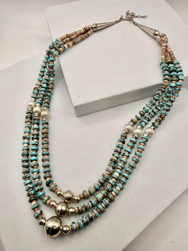 MARY MORGAN NATIVE HANDMADE MULTISTRAND RED MOUNTAIN TURQUOISE & STERLING PEARLS NECKLACE 18-21" (MM 47)