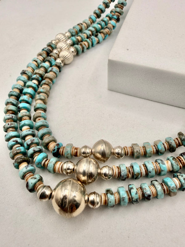 MARY MORGAN NATIVE HANDMADE MULTISTRAND RED MOUNTAIN TURQUOISE & STERLING PEARLS NECKLACE 18-21" (MM 47)