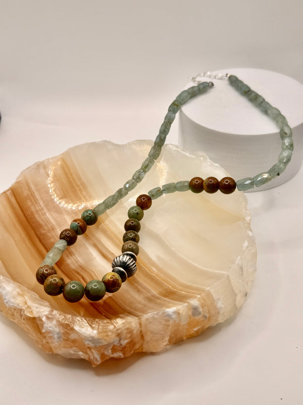 AQUAMARINE BEADED & ROYSTON TURQUOISE FLUTTED PEARL NECKLACE 22-25" (MM 44)