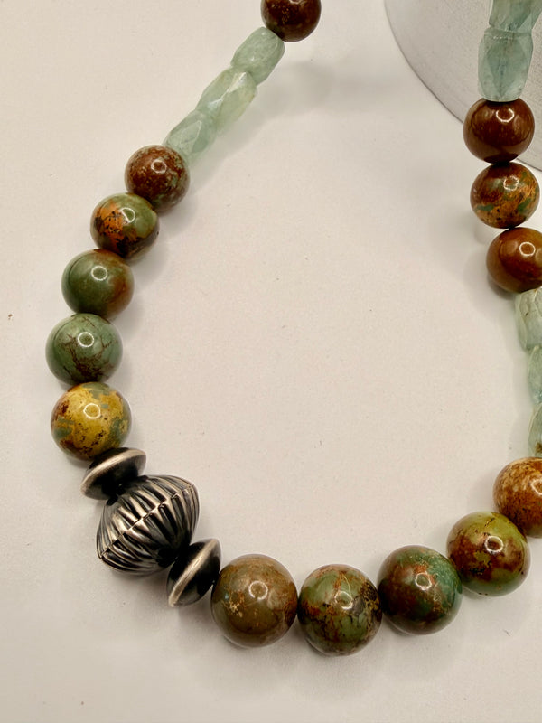 AQUAMARINE BEADED & ROYSTON TURQUOISE FLUTTED PEARL NECKLACE 22-25" (MM 44)