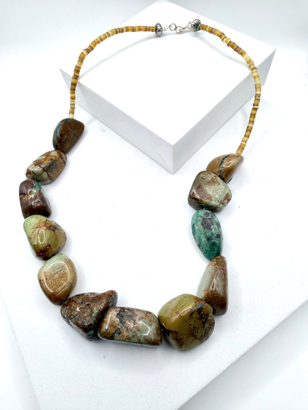 NAOMI GARCIA CHUNKY ROYSTON TURQUOISE & FLUTTED PEARLS NECKLACE 20" (LA 50)