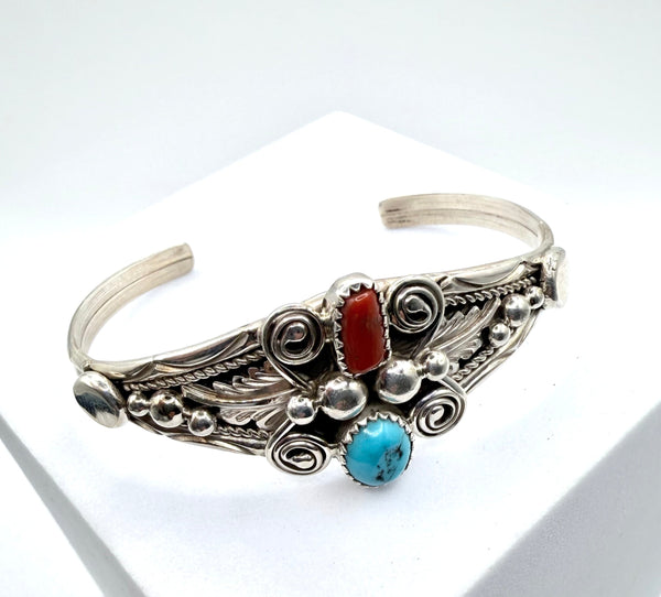 LARRY MCCORK NATIVE HANDMADE KINGMAN & CORAL ADJUSTABLE CUFF (LA 51)