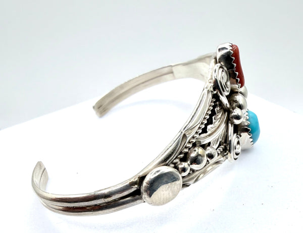 LARRY MCCORK NATIVE HANDMADE KINGMAN & CORAL ADJUSTABLE CUFF (LA 51)